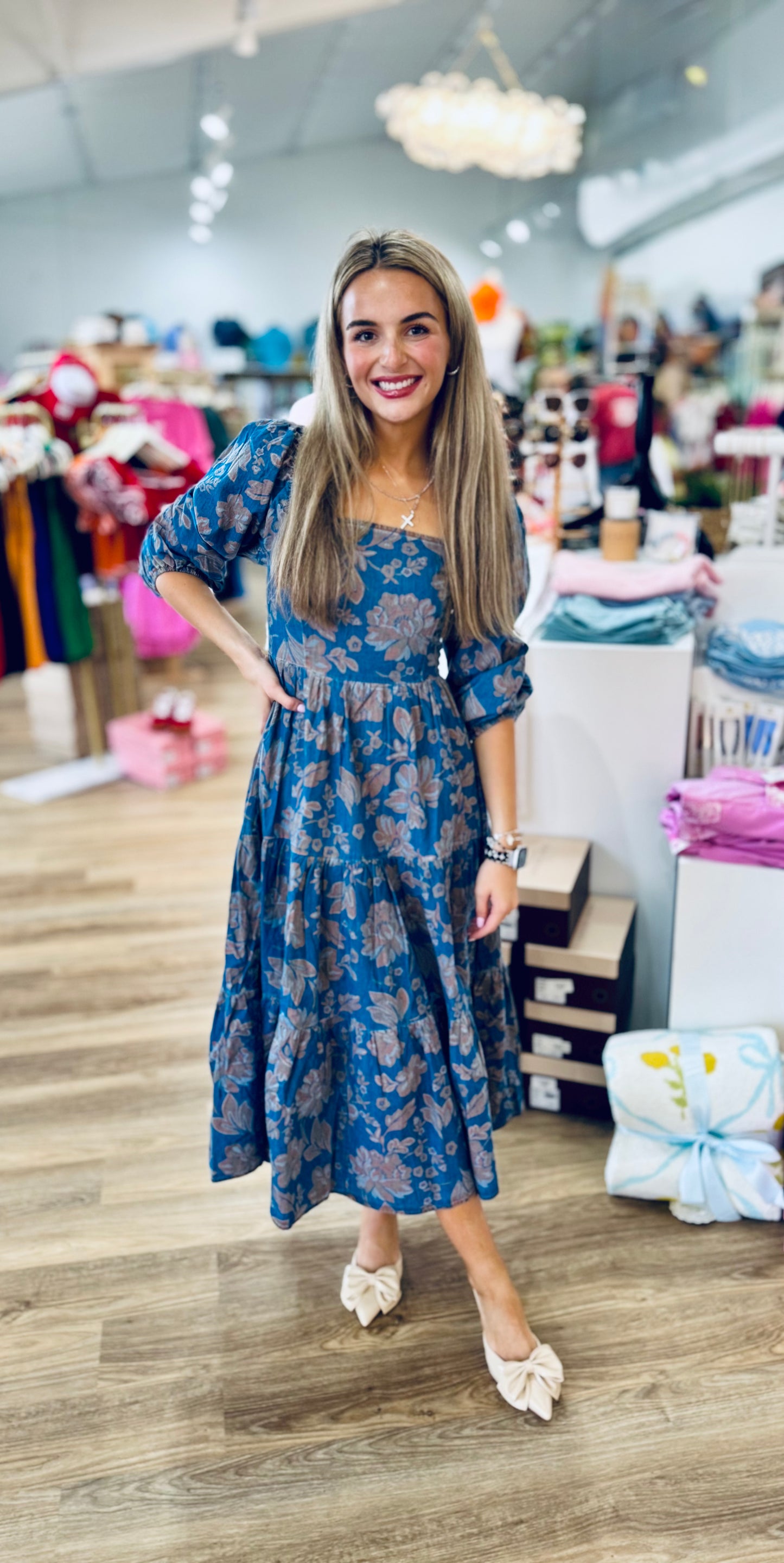 Printed Denim Midi Dress