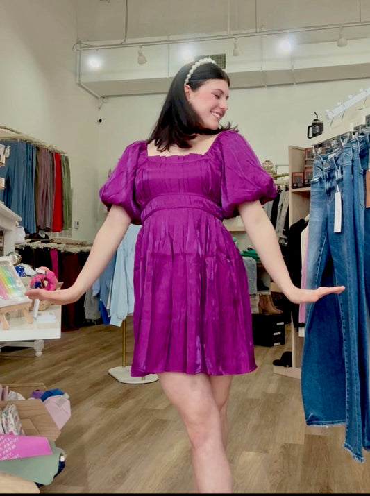 Purple Shiny Pleated Puff Sleeve Dress