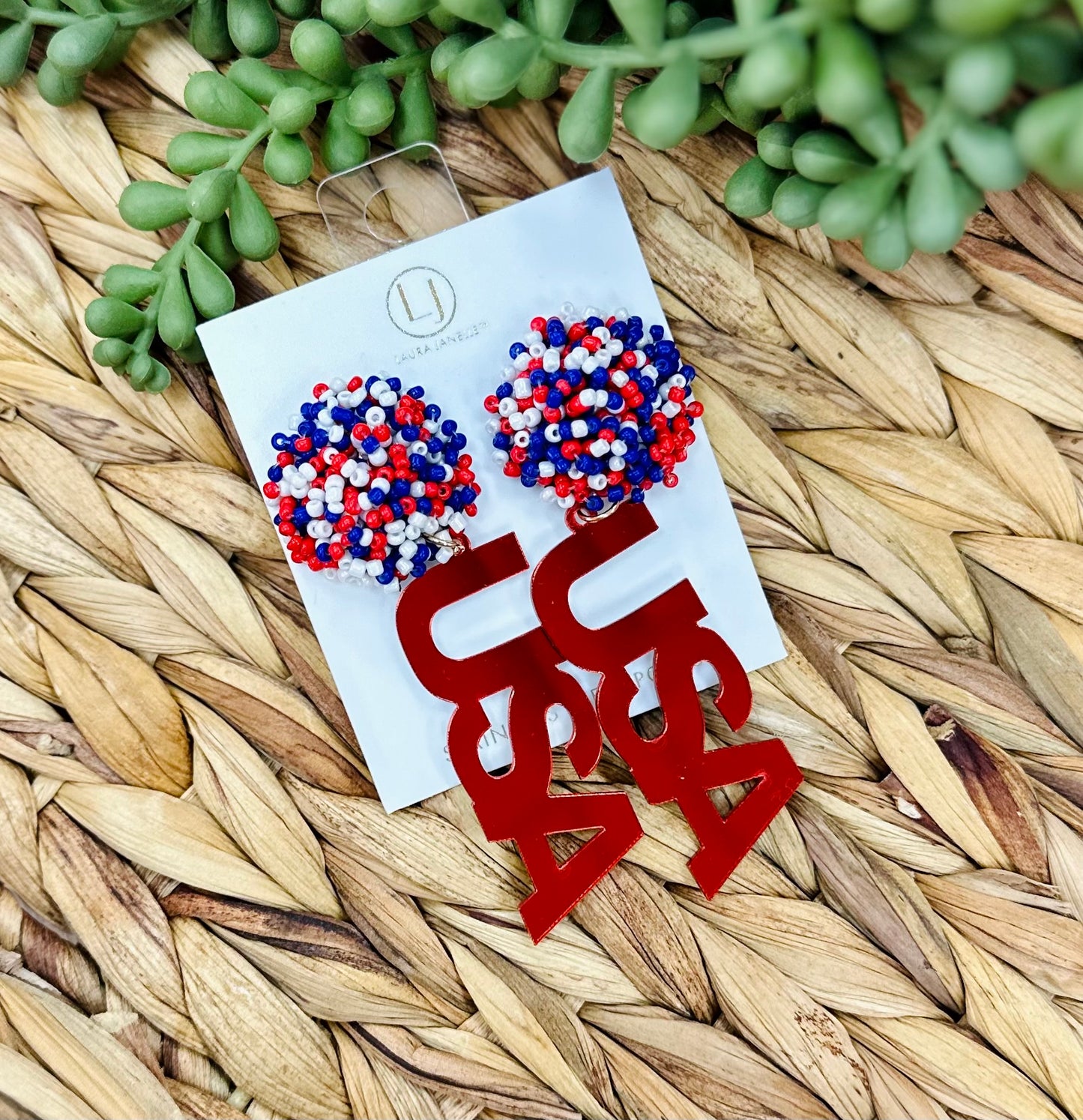 Laura Janelle Red, White, Blue Pom Pom USA Earrings