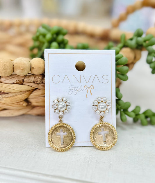Canvas Style Coin Cross Pearl Drop Earrings