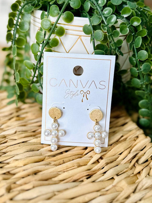 Canvas Style Pearl Cross Drop Earrings