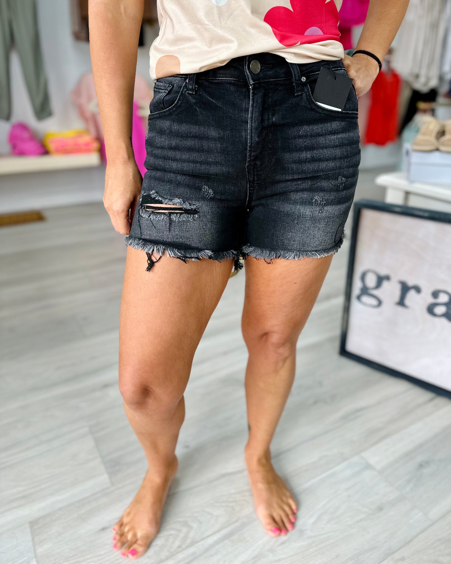 Risen Medium High Rise Frayed Shorts