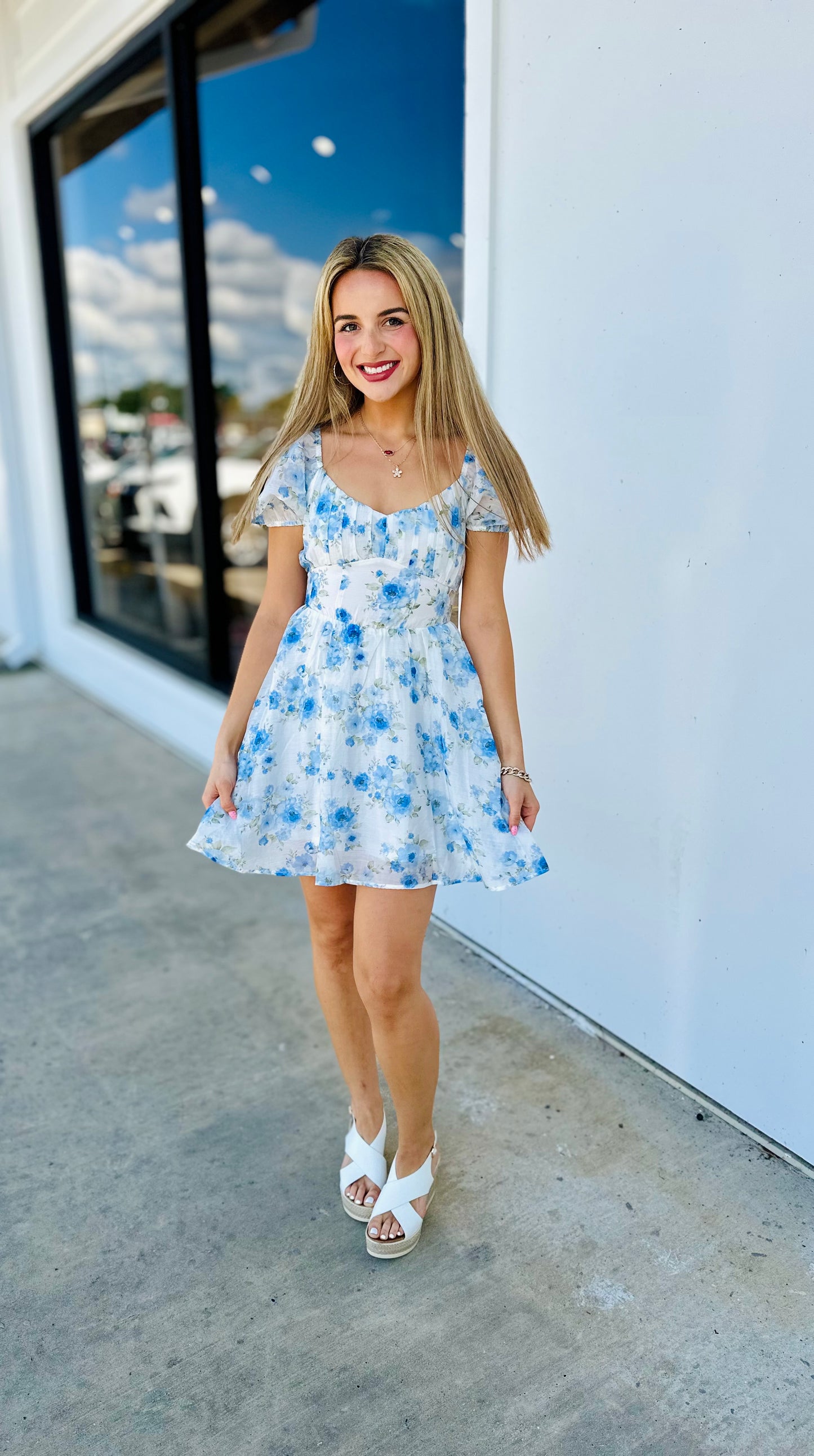 Blue Multi Floral Corset Detail Back Tie Mini Dress