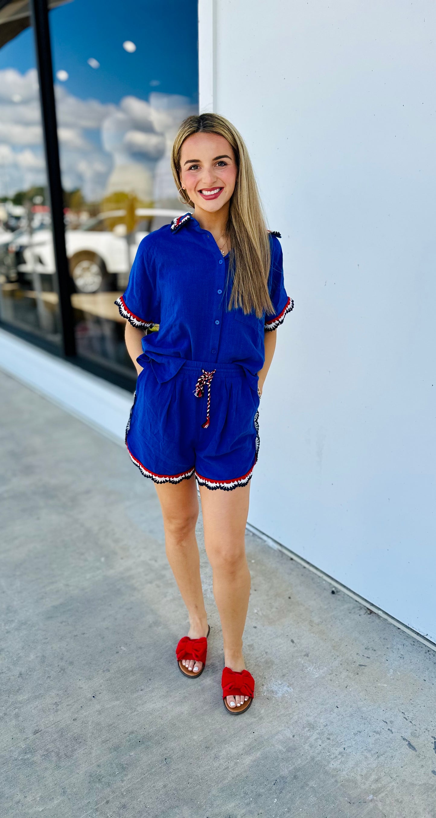 Blue Crochet Trimmed Linen Shirt & Short Set