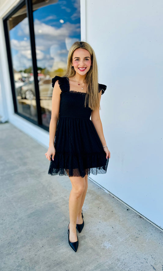 Polka Dot Chiffon Smocked Ruffle Detail Mini Dress