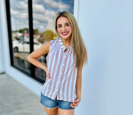 Stripe Casual Button Down Sleeveless Shirt