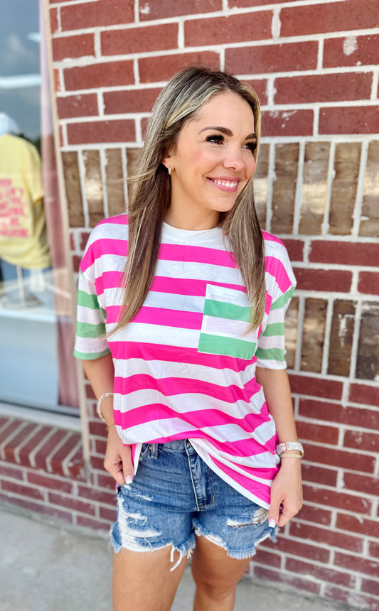 Pink and Green Striped Loose Fit Tee