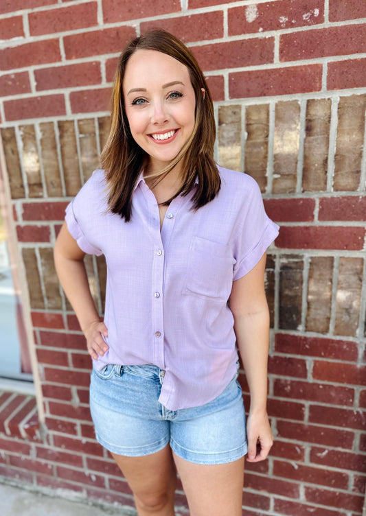 Lavender Short Sleeve Button Down Top