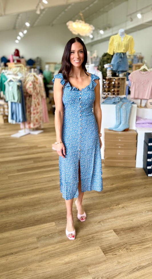 Vintage Ditst Print Midi Dress - Blue