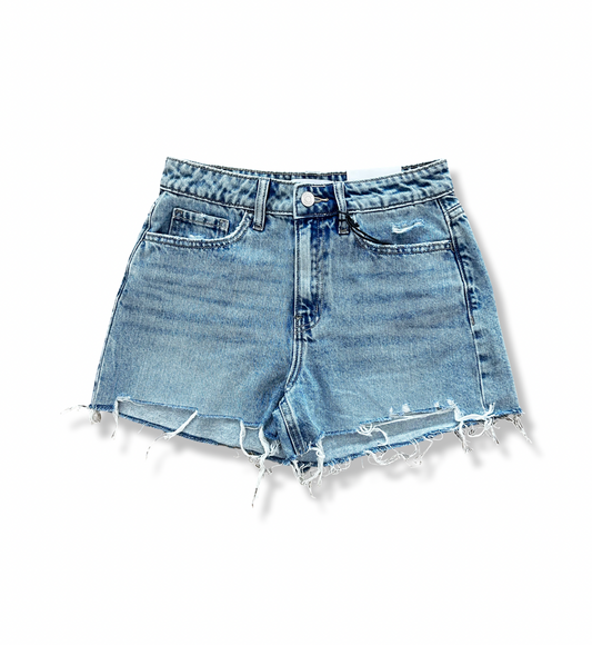 Light Wash Distressed Hem Denim Shorts