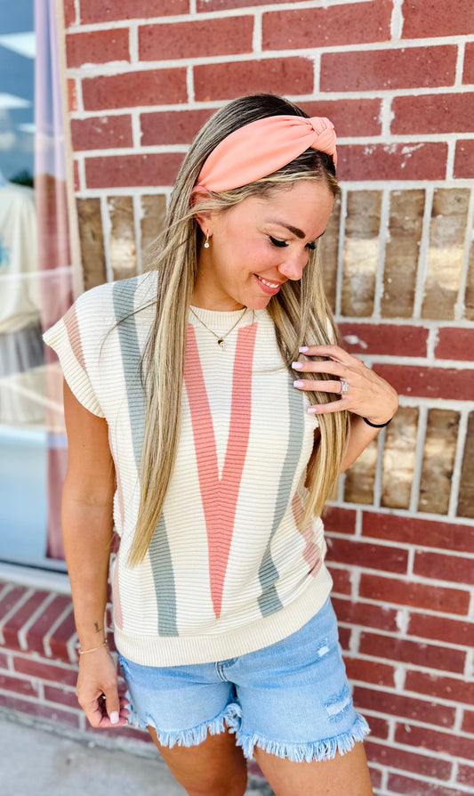 Chevron Striped Short Sleeve Sweater Top