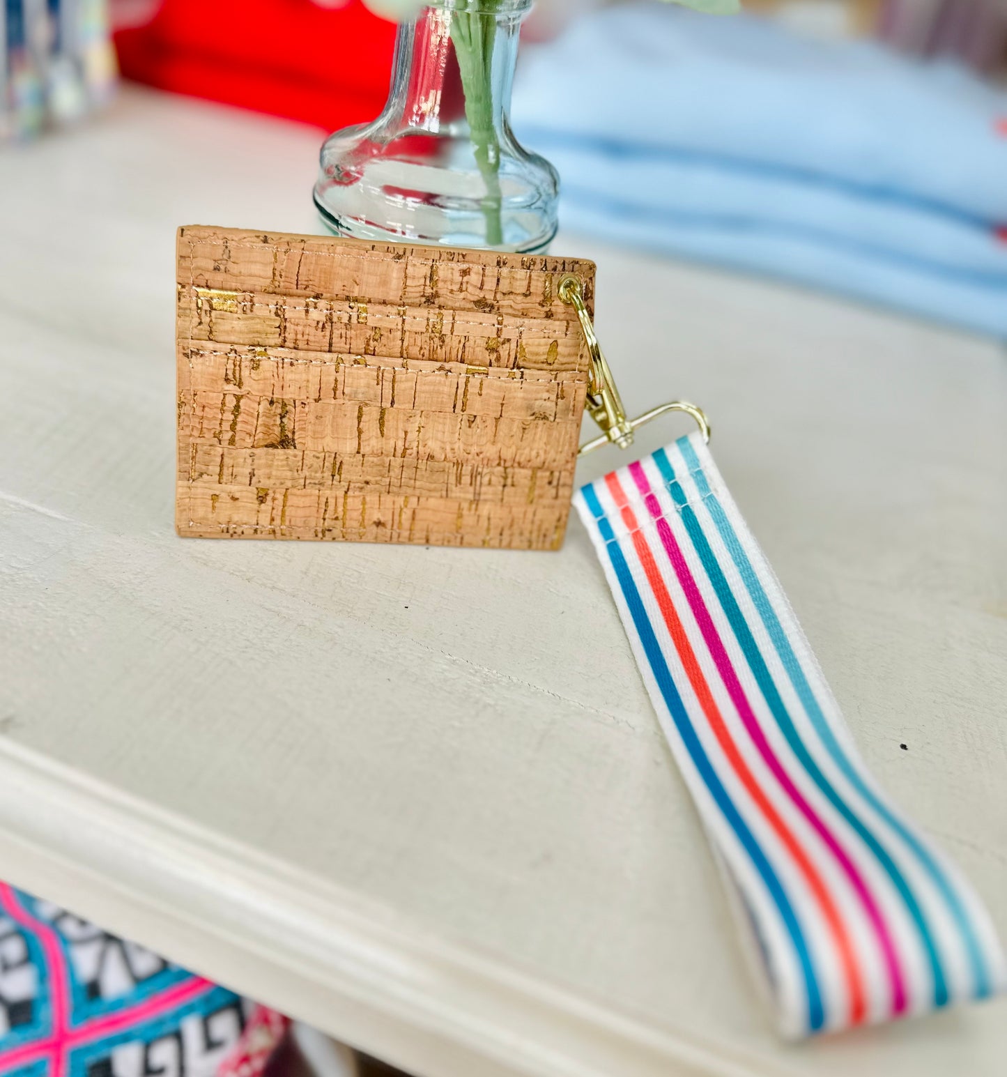 Cork Wallet with Striped Wristlet