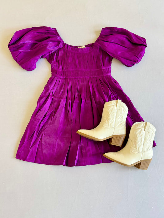 Purple Shiny Pleated Puff Sleeve Dress