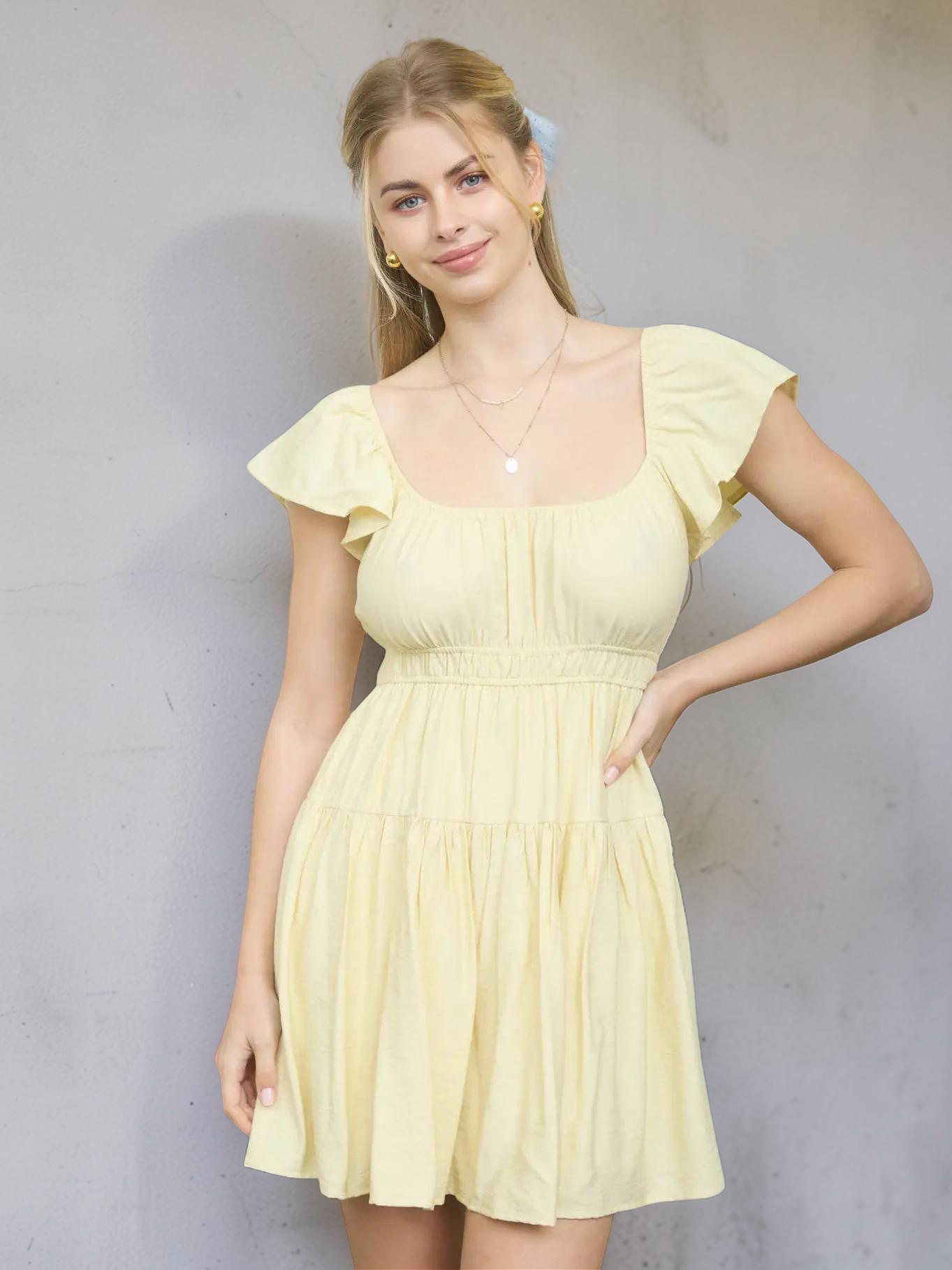 Yellow Shirred Flounce Sleeve Mini Dress