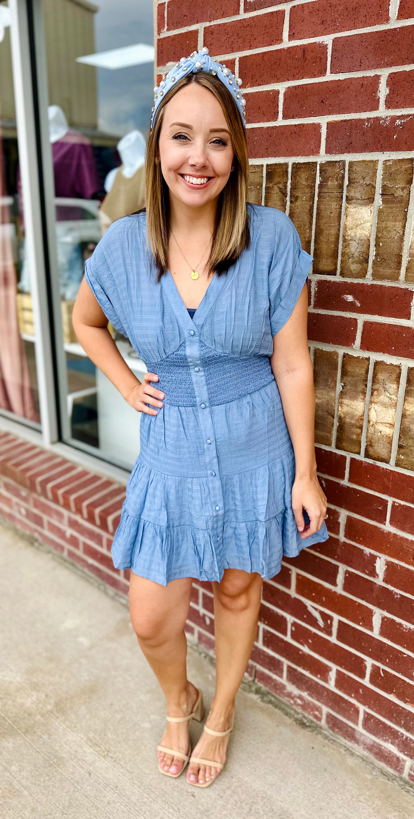 Blue Smocked Waist Button Down Dress