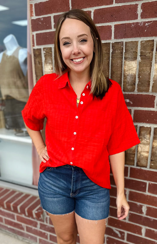 Red Oversized Button Down Top