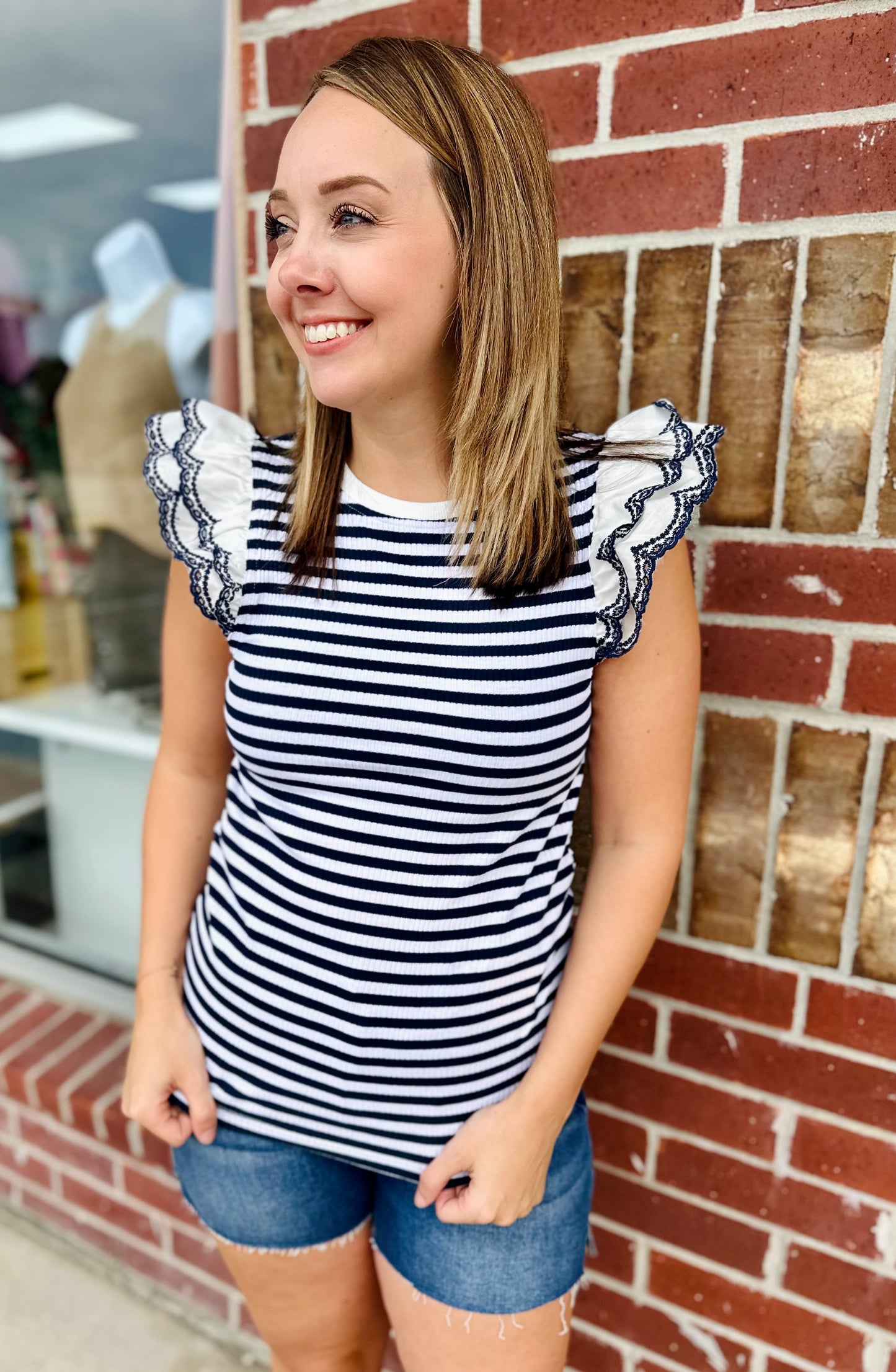 Navy Double Ruffle Sleeve Striped Knit Top