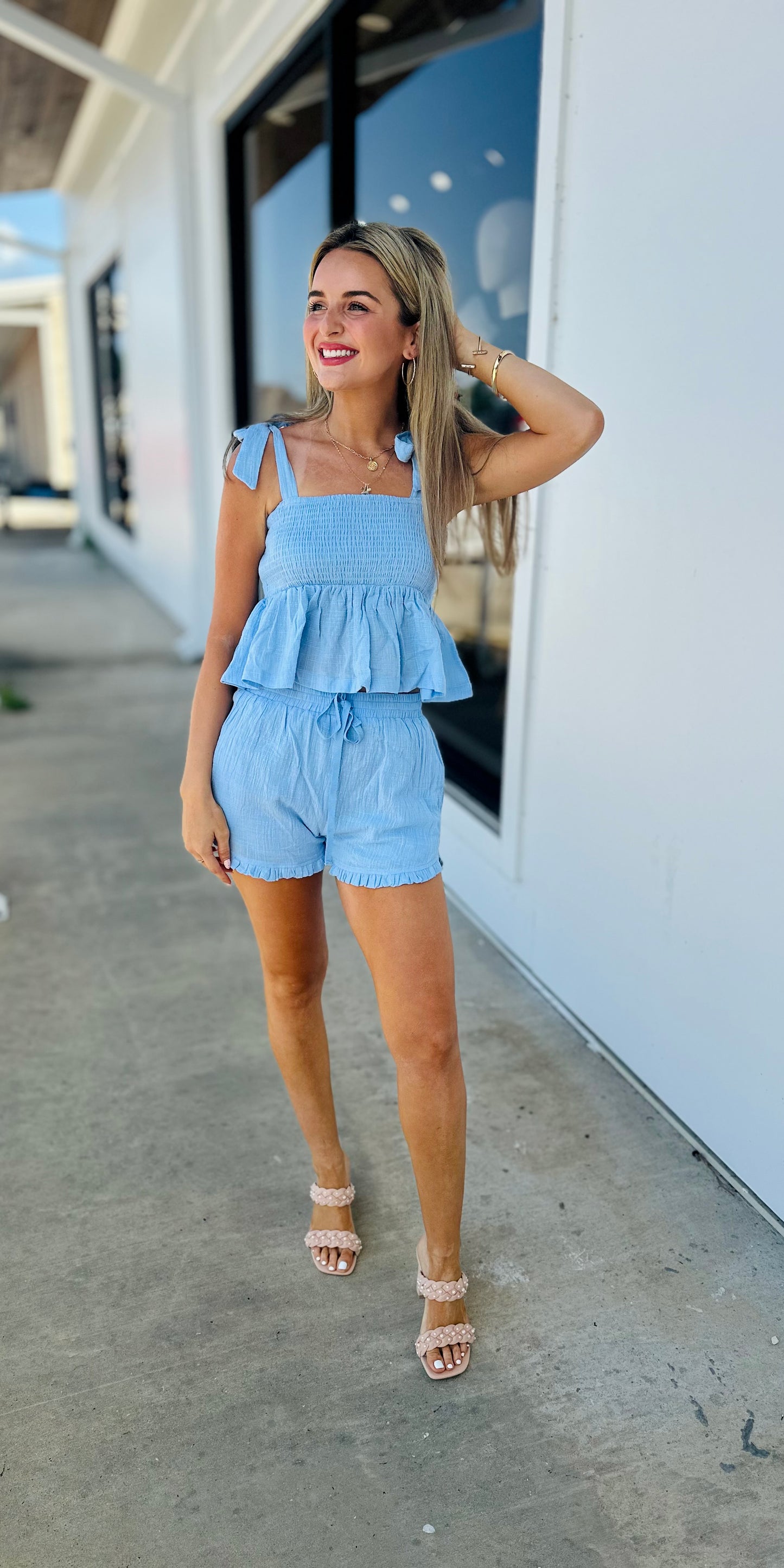 Blue Ribbon Strap with Smocking Band Shorts & Top Set