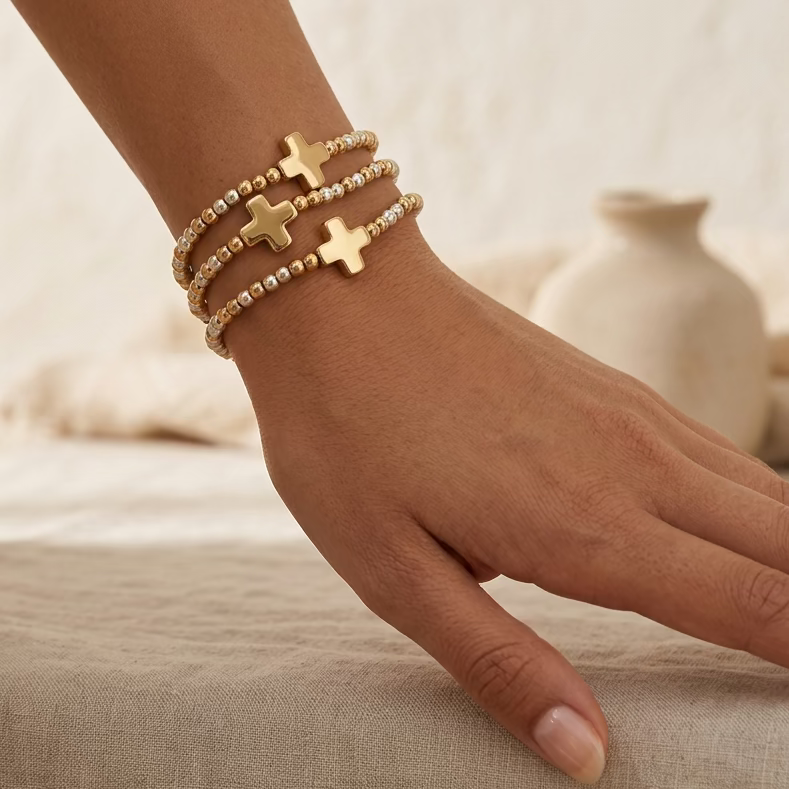 Two-Tone Beaded Cross Bracelet