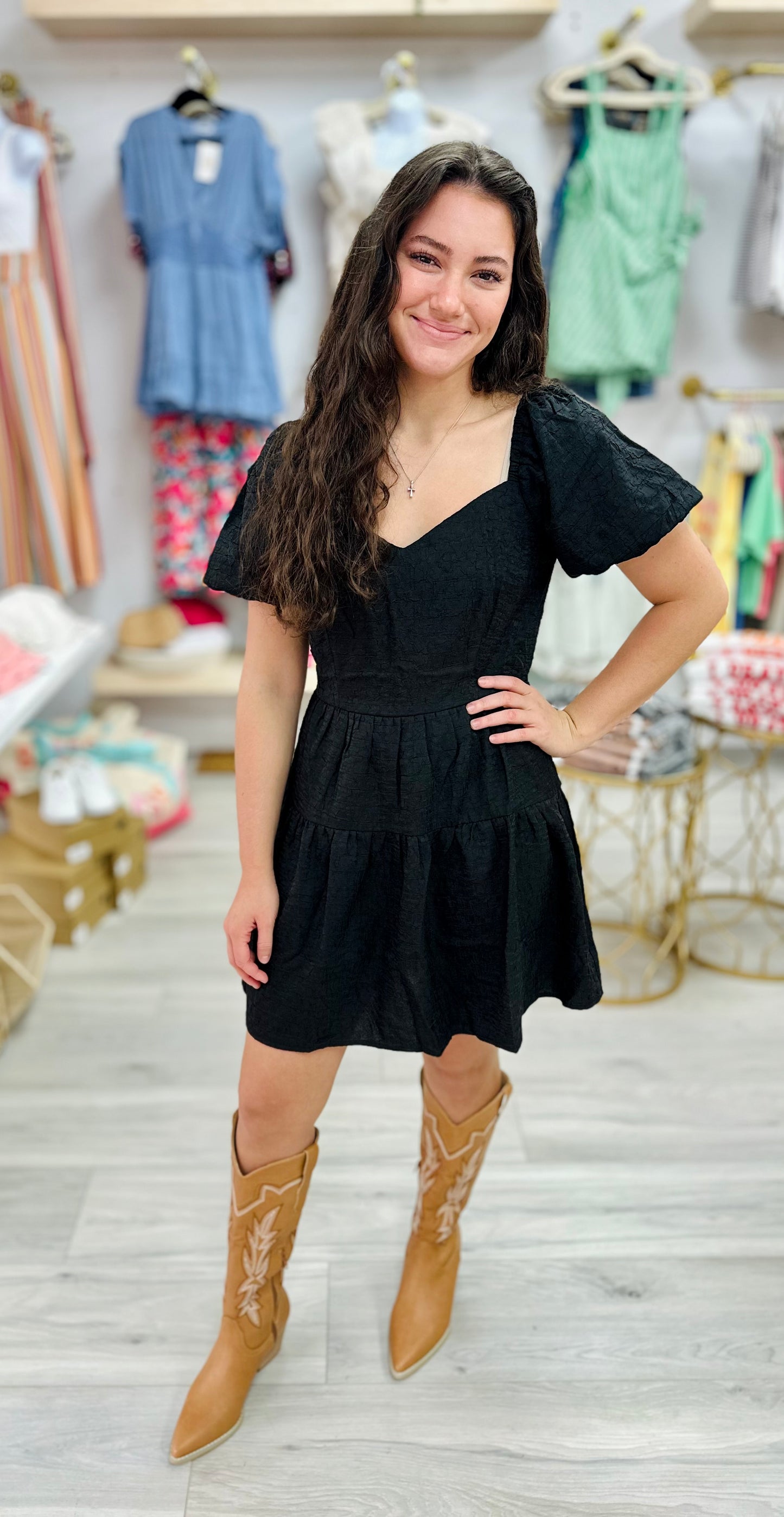 Black Crinkle Fabric Puff Sleeve Dress