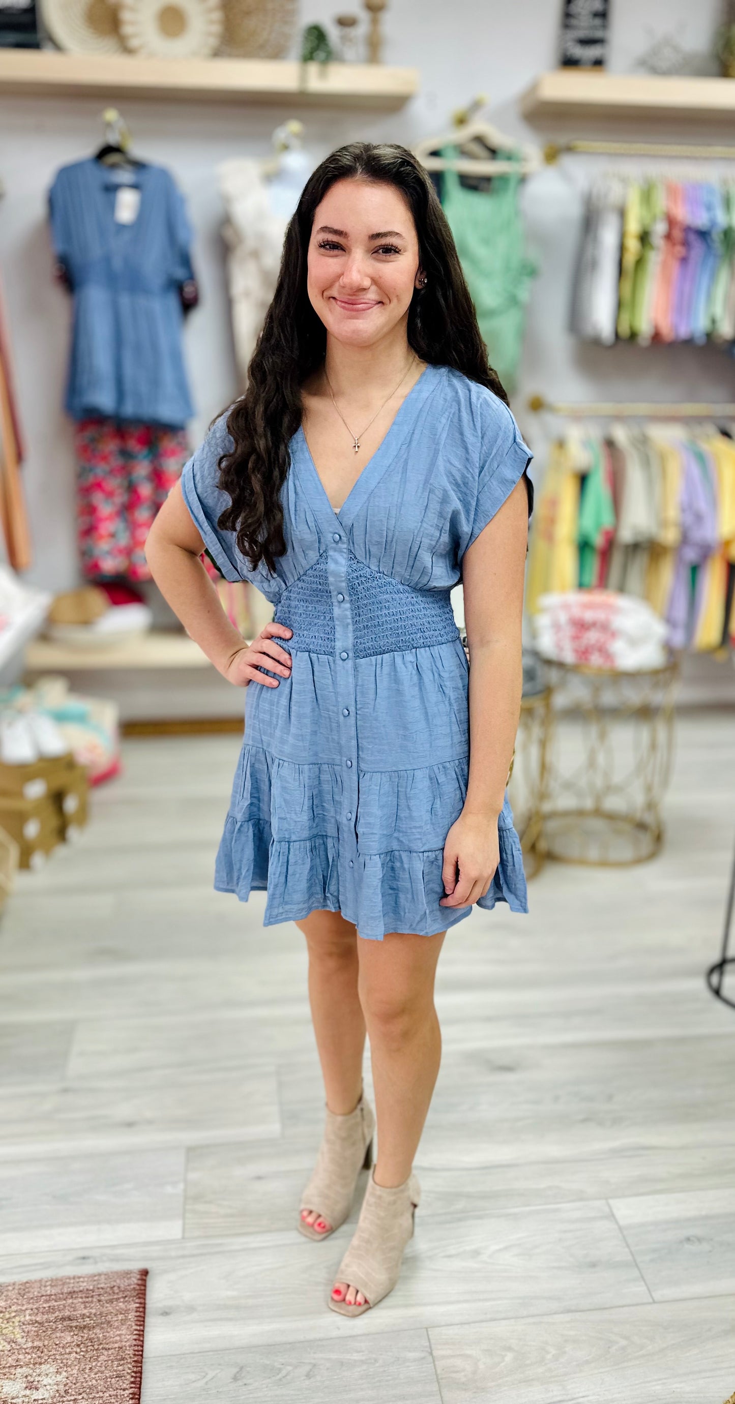 Blue Smocked Waist Button Down Dress