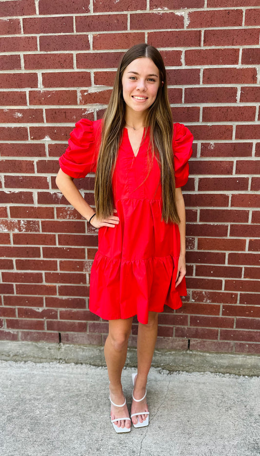 Red Tiered Dress with Puff Sleeves