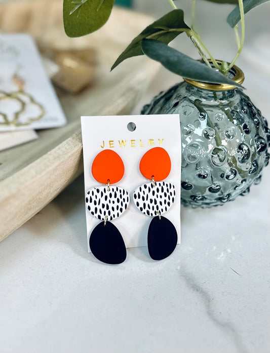 Rust Leopard Black and White Drop Clay Earrings