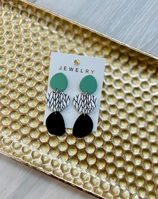 Green Black and White Drop Clay Earrings
