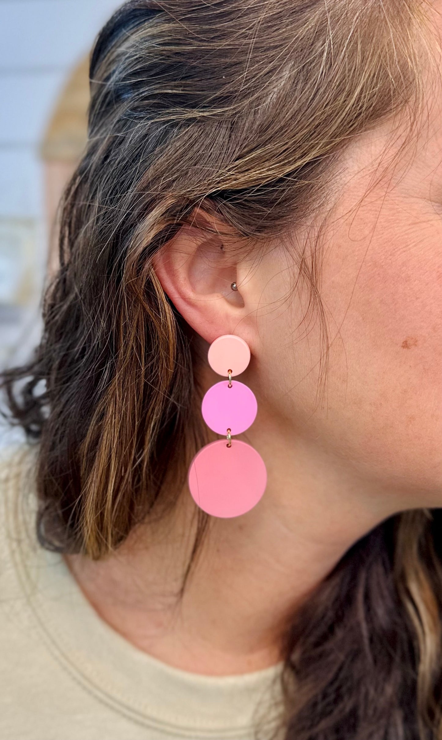 Pink Ombre Round Dangle Clay Earrings