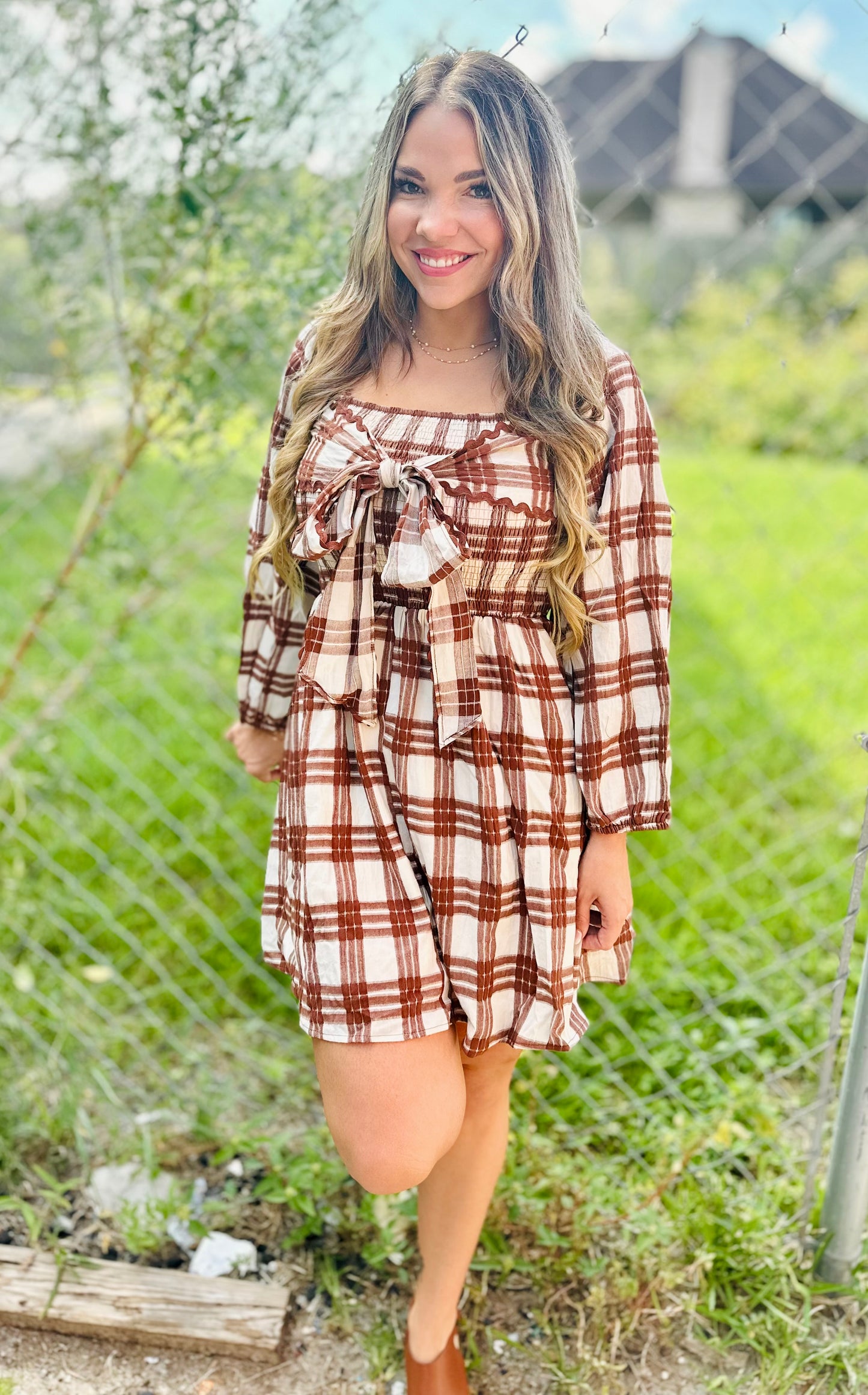 Brown Plaid Mini Dress