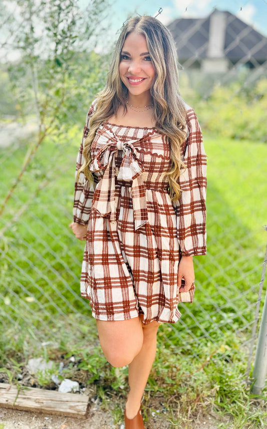 Brown Plaid Mini Dress