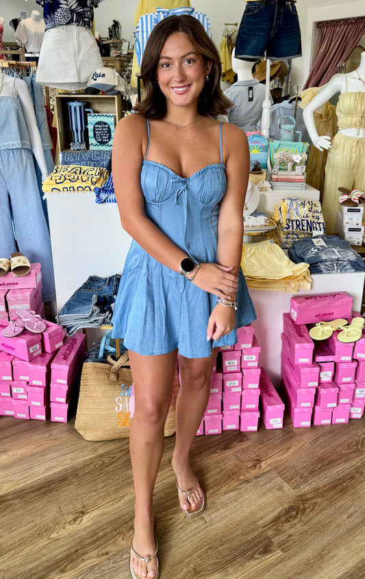 Ruched Sweetheart Denim Mini Dress