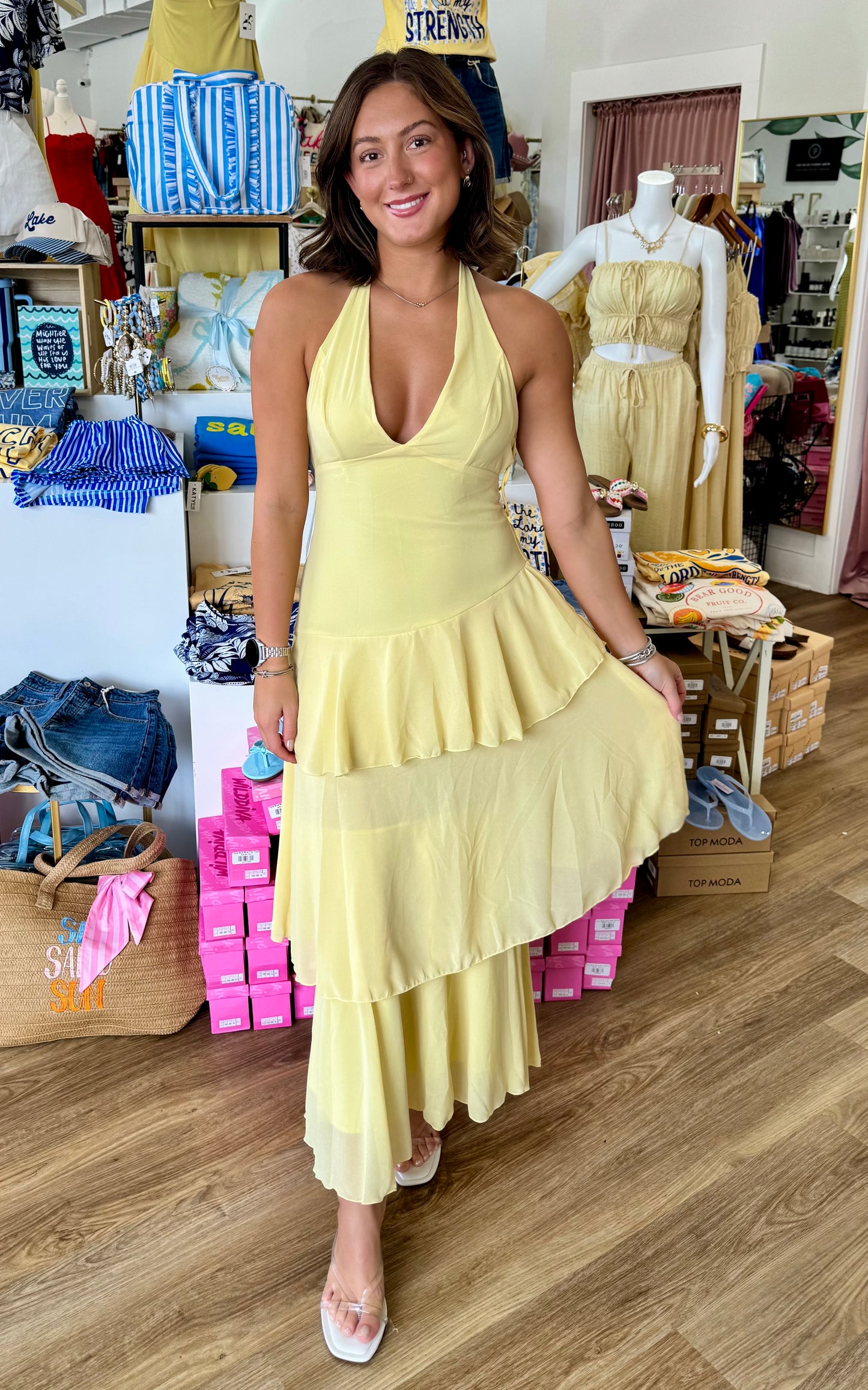 Yellow Tiered Sleeveless V-Neck Maxi Dress