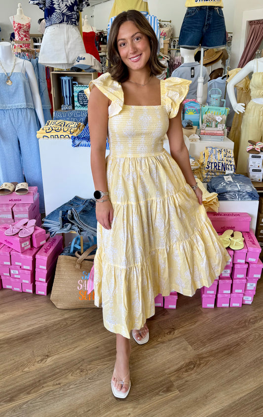 Golden Damask Smocked Flutter Sleeve Dress