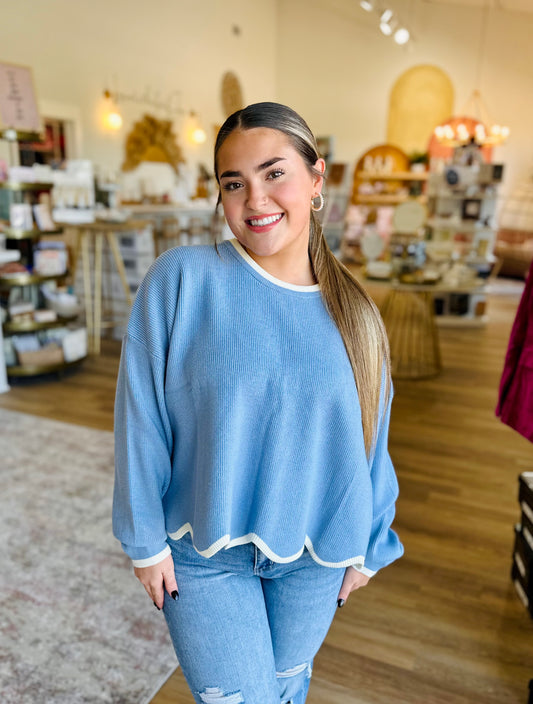 Blue Scallop Hem Sweater