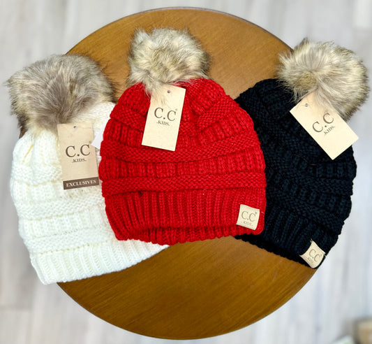 C.C. Kids Solid Ribbed Beanie with Pom