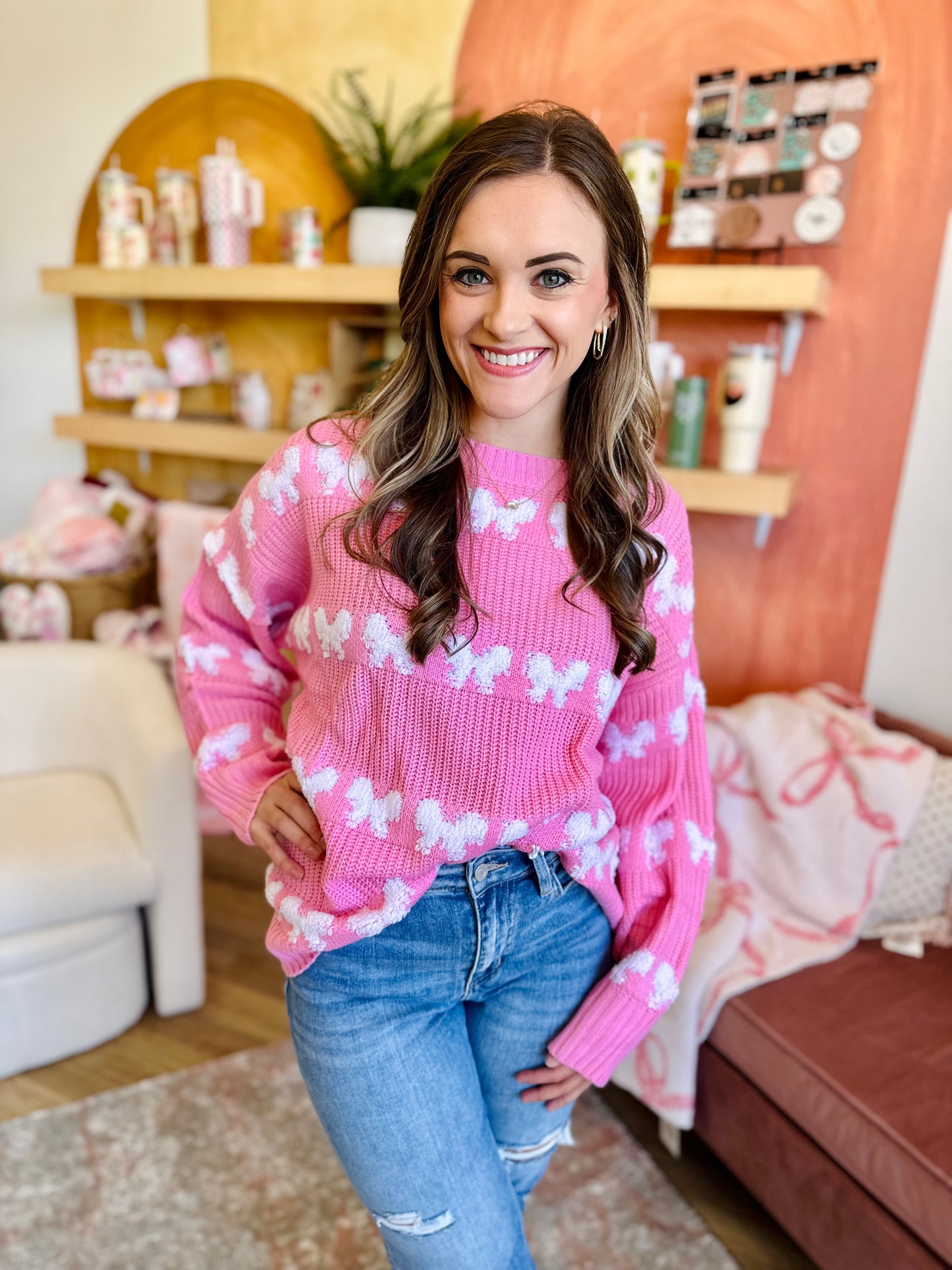 Pink and White Bow Loose Fit Sweater