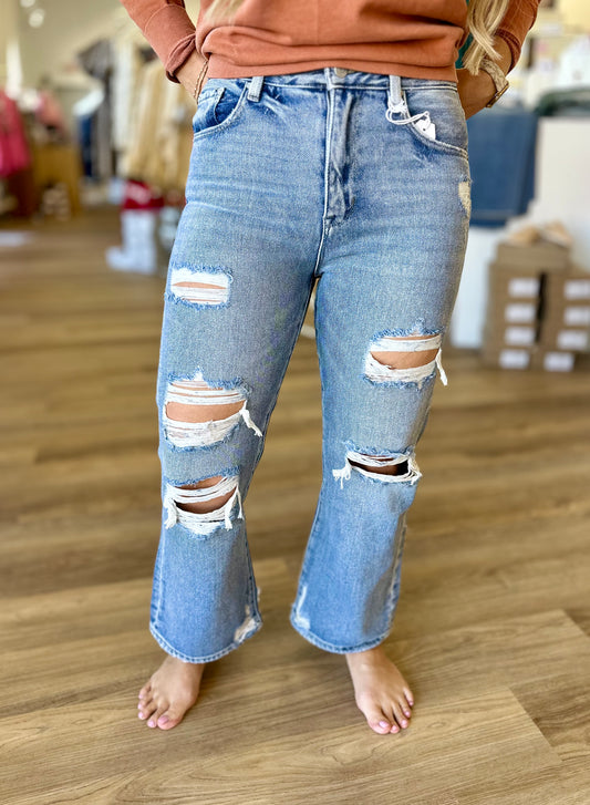 Petra High Rise Distressed Rigid Vintage Cropped Flare