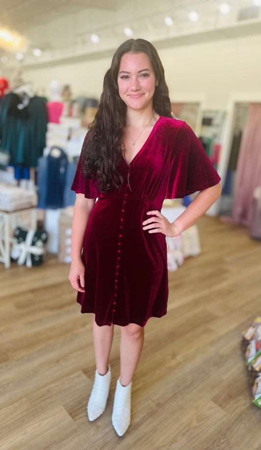 Burgundy Velvet V-neck Dress