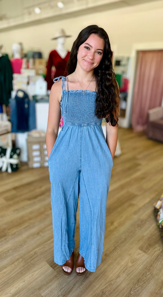 Denim Smocked Wide Leg Jumpsuit