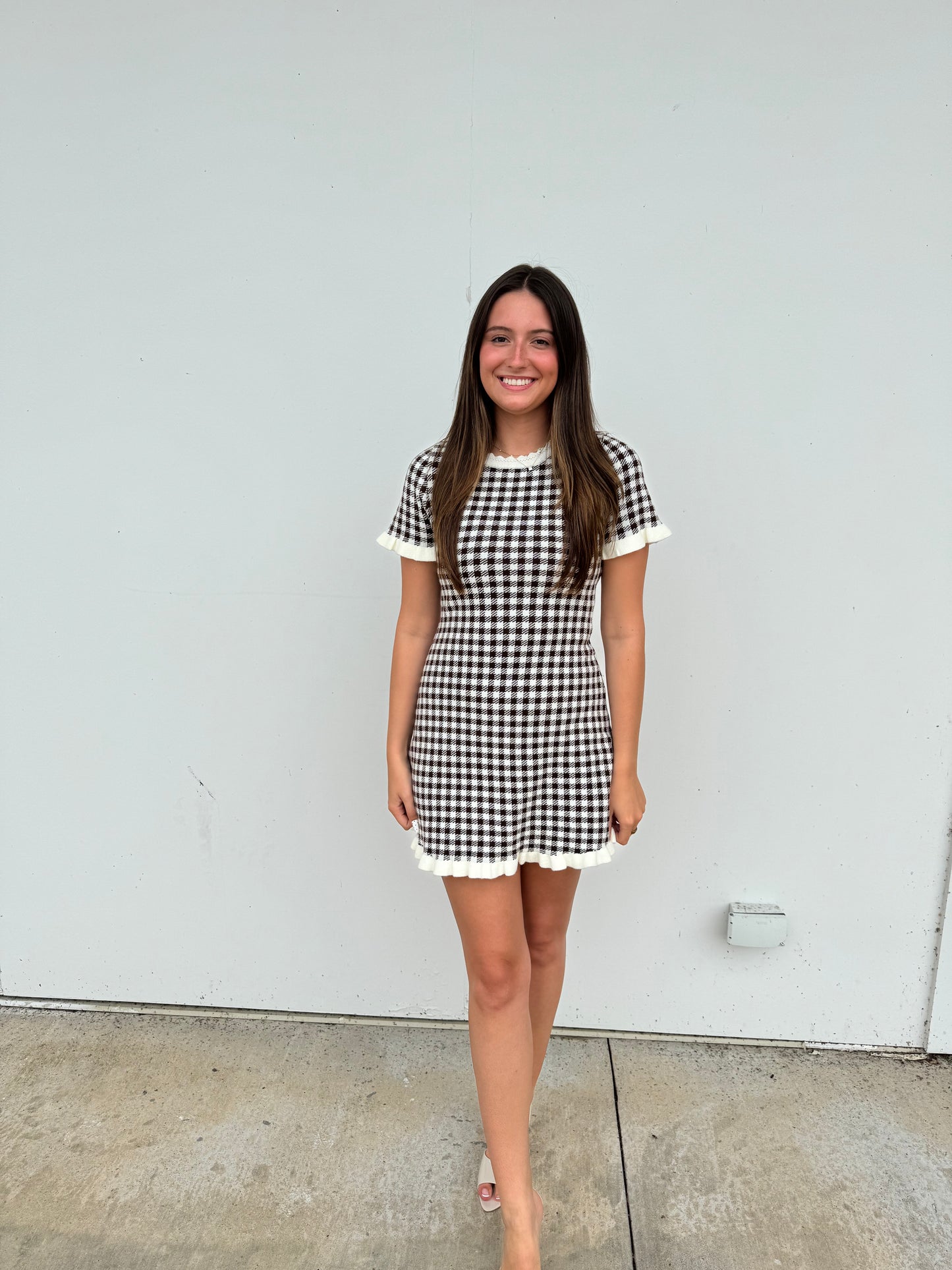 Gingham Ruffled Sweater Knit Short Dress