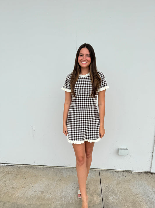 Gingham Ruffled Sweater Knit Short Dress