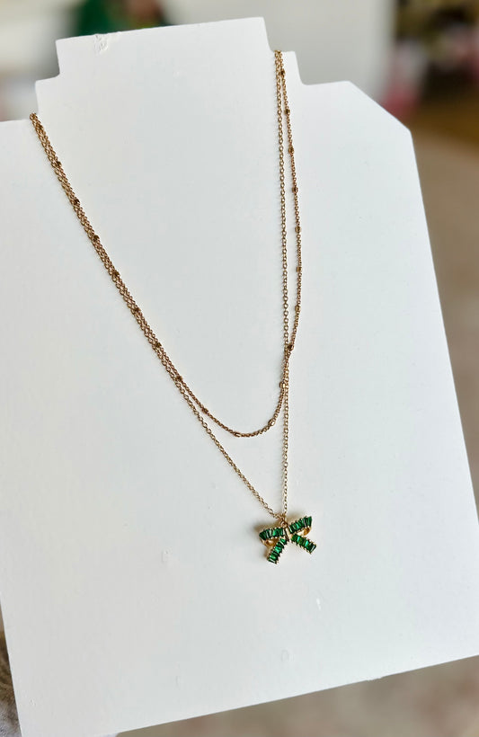 Green Pave Bow Necklace