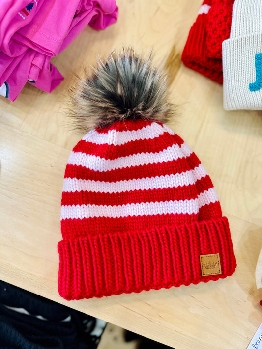 Red & Pink Striped Pom Beanie