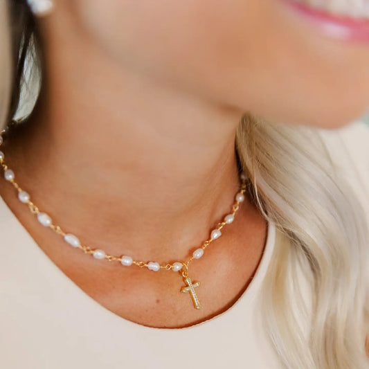Pearl Chain Cross Pendant Necklace