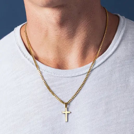 Gold Cross Necklace on Cuban Chain