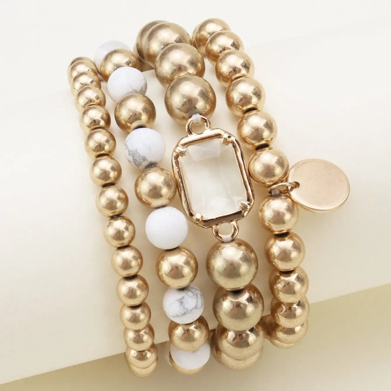 Gold & White Marble Bead Bracelet Set