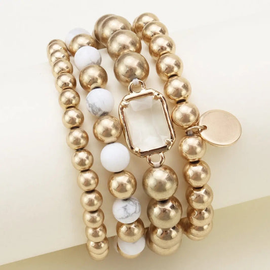 Gold & White Marble Bead Bracelet Set