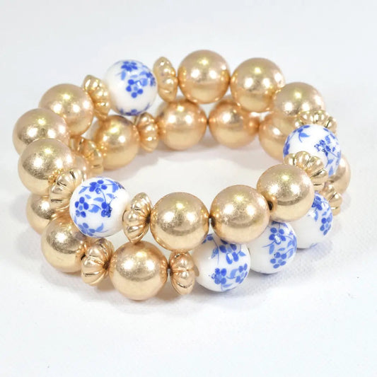 2 Layer Blue Floral Ceramic Bead Bracelet
