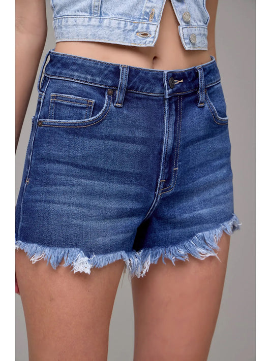 Hidden Dark Wash Frayed Denim Shorts